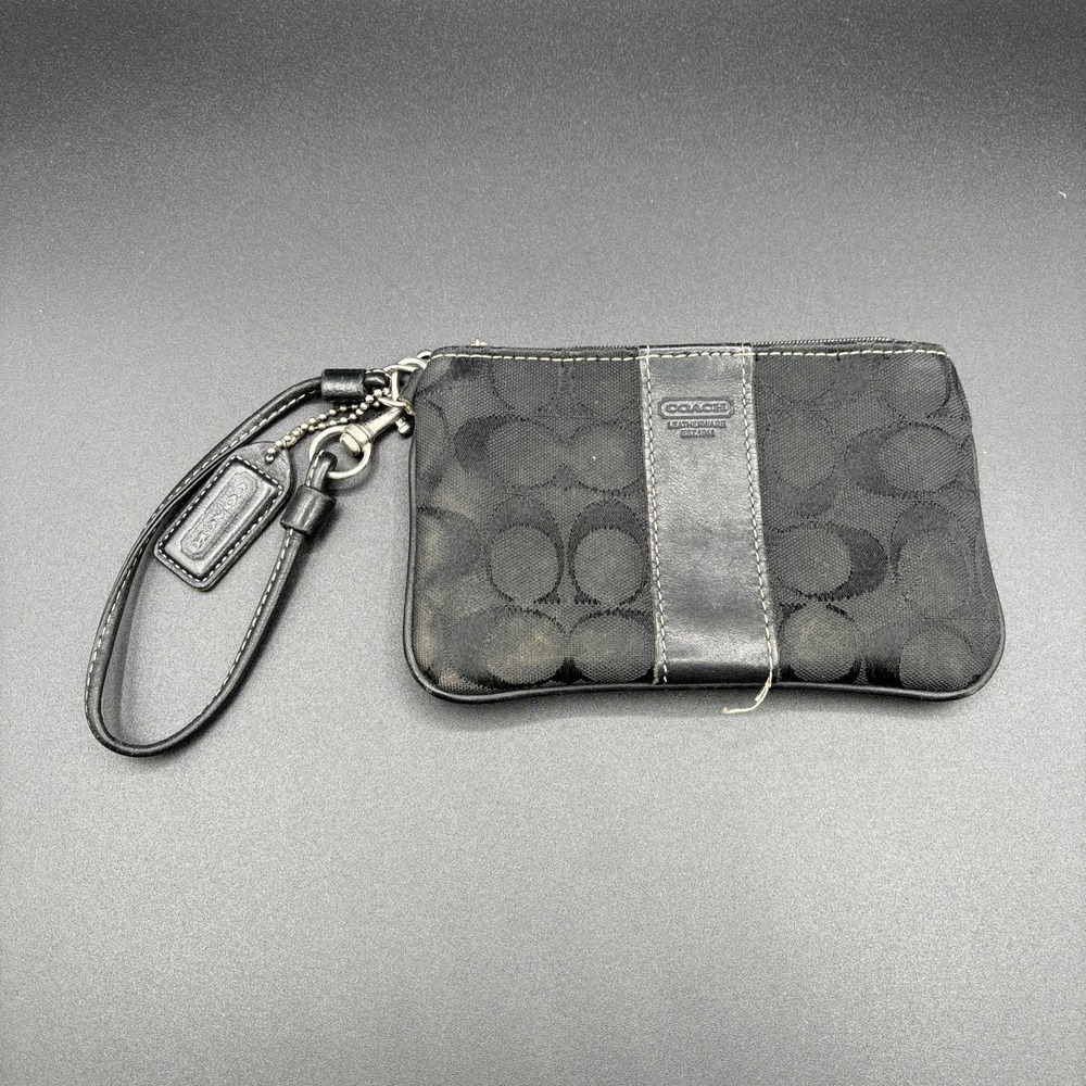 COACH Mini Wristlet Signature Logo Black Pattern Color Grey Black Leather